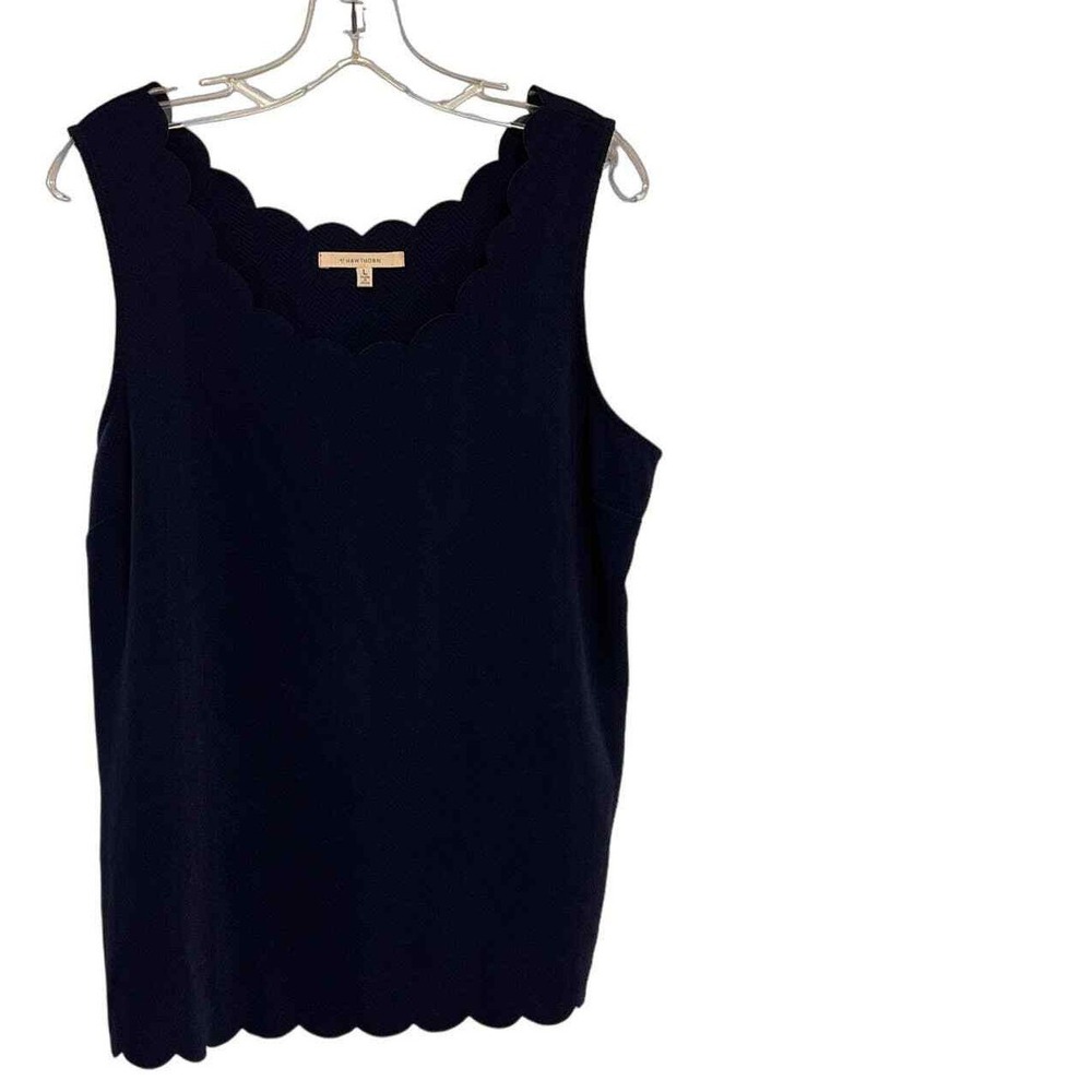 Hawthorn‎ Scallop Trim Sleeveless Blouse Navy Blue Textured Chevron Top L